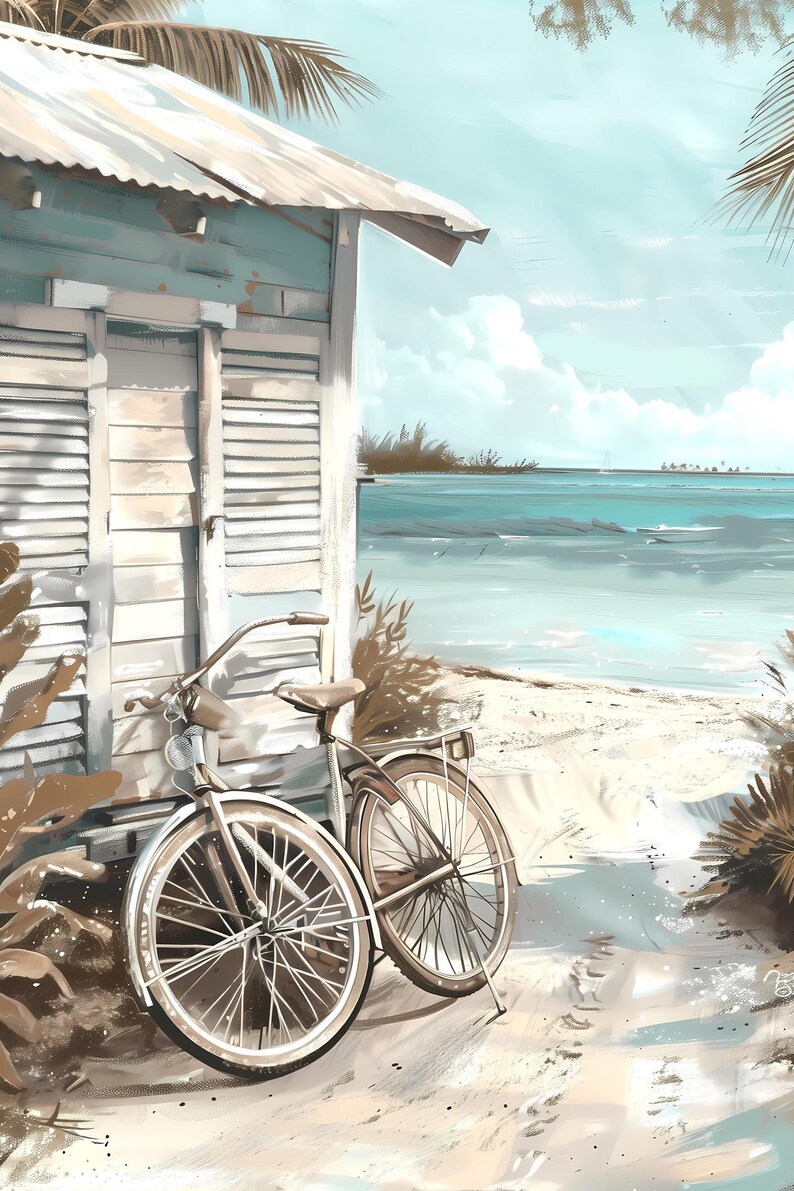 Bike on Beach Cottage Wall Art, Caribbean Beach, Contemporary Grey Blue