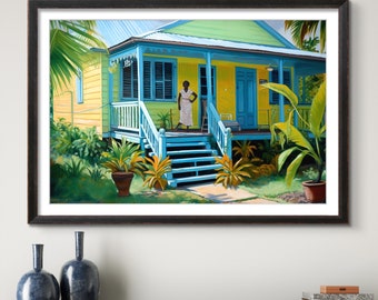 Jamaican Print of House with Granny on the Verandah West Indies Art of Tropical Home in Yellow and Blue Caribbean Gift Idea