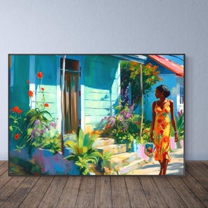 Arte jamaicana, decoração de parede caribenha, casa de propriedade, arte caribenha, pôster de seda ou impressão giclée, pintura jamaicana, casa e senhora caribenhas