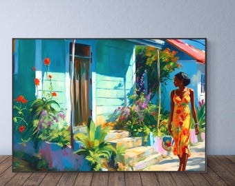 Jamaica Art, Caribbean Wall Decor, Chattel House, Caribbean Art, Silk Poster or Giclee Print, Jamaican Painting, Caribbean House and Lady
