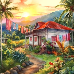 House in Jamaica Hills, Caribbean Canvas Art, Jamaican Art piece - 12x12 or 16x16 small canvas, Makes a nice gift for a Jamaican Dominican
