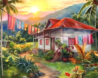 House in Jamaica Hills, Caribbean Canvas Art, Jamaican Art piece - 12x12 or 16x16 small canvas, Makes a nice gift for a Jamaican Dominican
