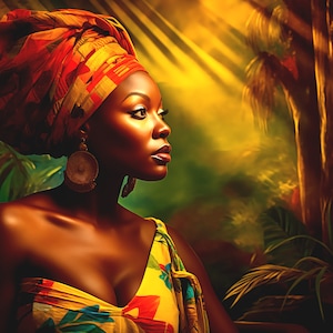 Jamaican Woman in the Bush with Rasta Vibes – Caribbean Art Print of Woman in Headwrap, Island Roots, and Nature-Inspired Culture
