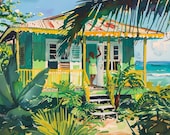 Caribbean House Print Green Painted Wooden Island House Grenada St Lucia Jamaica or Dominica