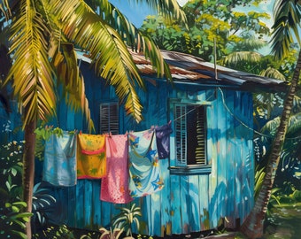 Caribbean House Art with Clothes on Line Blue Charming Print Gift for Caribbean Person