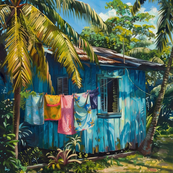 Arte de la casa caribena con ropa en linea Regalo con estampado encantador azul para persona caribena Etsy Mexico