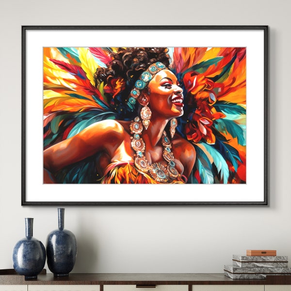 Caribbean Carnival Print, Lady Dancing in Carnival Costume in Trinidad, Framed Posters, Painting from Trinidad Ready to Hang 36x24 18x12