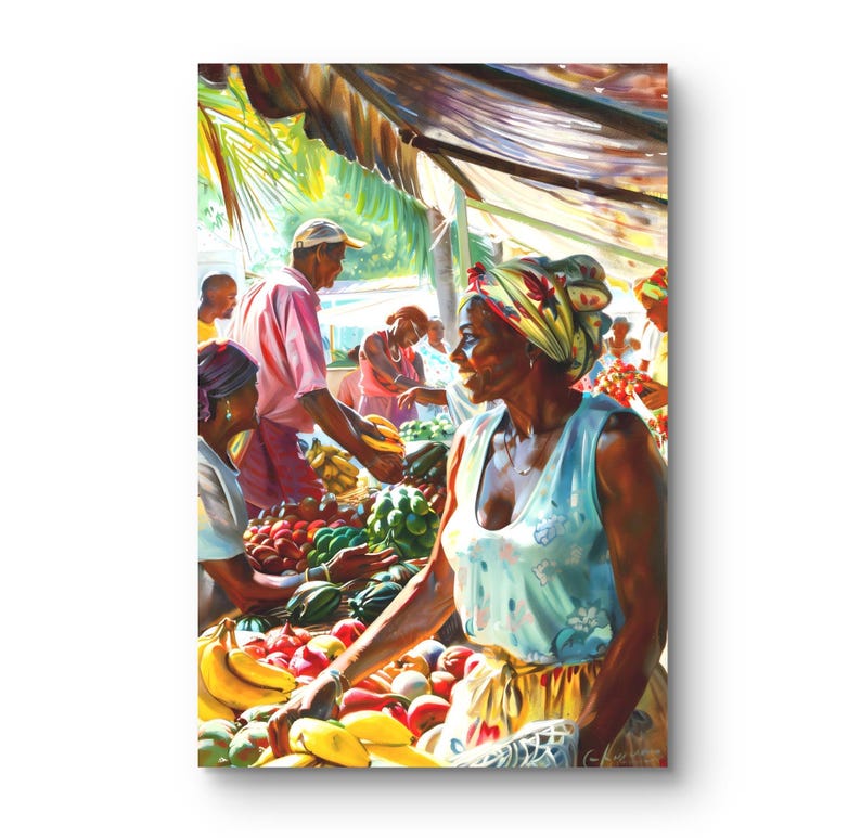 May include: A vibrant painting depicts a bustling outdoor market scene. People are shown buying and selling fresh produce, including bananas, watermelons, and tomatoes. The artwork features bright colors and captures the lively atmosphere of a tropical market.