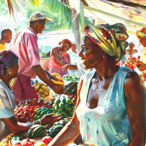 May include: A vibrant painting of a bustling outdoor market scene. People are shown interacting with each other and with the various fruits and vegetables on display. The scene is filled with bright colors, including yellow bananas, red tomatoes, and green limes.