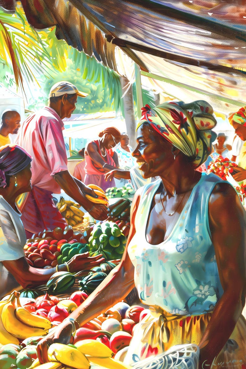May include: A vibrant painting of a bustling outdoor market scene. People are shown interacting with each other and with the various fruits and vegetables on display. The scene is filled with bright colors, including yellow bananas, red tomatoes, and green limes.