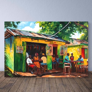 Caribbean Art Print of Jamaican Rum Shop in Yellow and Green Painting, Gift Idea Caribbean Bar Print