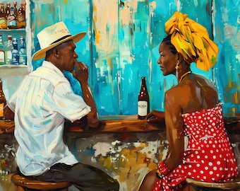 St Lucia Art Print of Black Couple in Rum Shop Bar