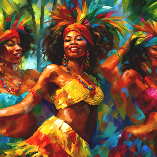 Caribbean Carnival Art: Three Women Dancing in Vibrant Costume  in Trinidad Jamaica Grenada St Lucia or Antigua Giclee Print or Silk Finish