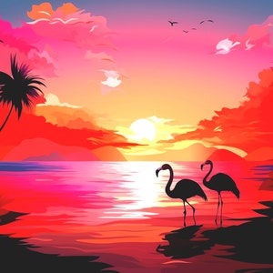 Impresión de flamencos con fondo de atardecer caribeño en rosa y rojo Impresión de póster caribeño