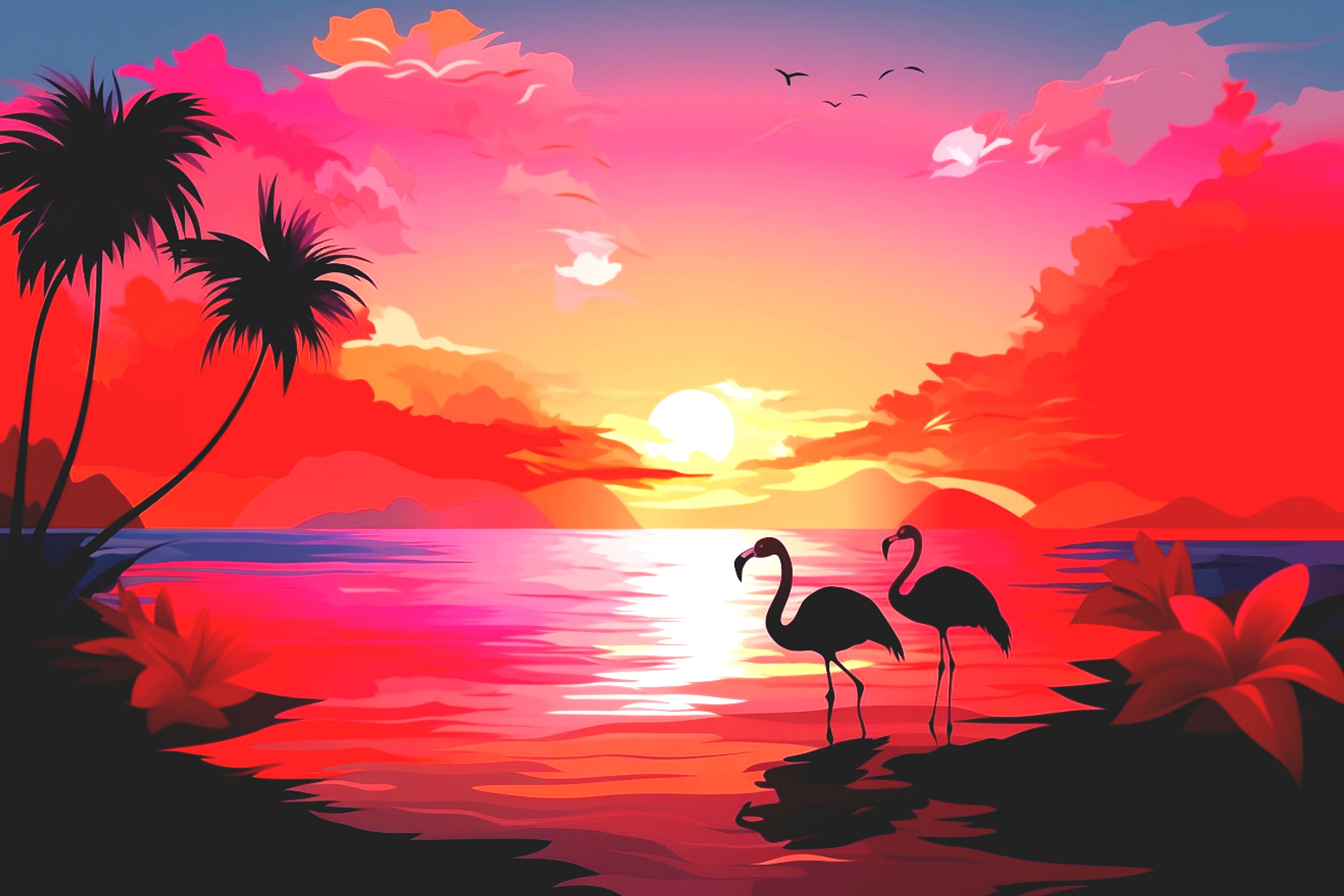 impression-de-flamants-roses-sur-fond-de-coucher-de-soleil-des-cara-bes