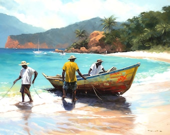 Grenada Art Print of Fishing Boat on Beach Caribbean Fishermen Beach House Wall Art