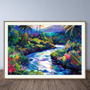Jamaican Art Painting of River and Mountains, Tropical Art Print, Caribbean Wall Decor, Caribbean Art, Gift for Jamaican, Caribbean Gift