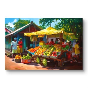 Caribbean Market Print of Stall With Fresh Produce Caribbean Art Gift Idea in Giclee print fine art poster, framed fine art canvas 36&quot;x24&quot;