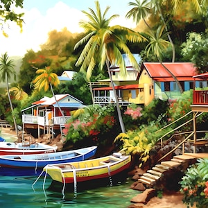 Arte tropical de barcos a lo largo de la bahía del Caribe, impresión de carteles en impresión giclée o póster en papel fotográfico. 36x24 30x20 24x16 18x12 Arte caribeño sin marco