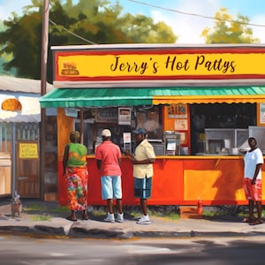 May include: A colorful outdoor food stand with a sign that reads "Jerry's Hot Pattys". There are people waiting in line to order food. The stand has a green awning and a yellow and orange exterior.