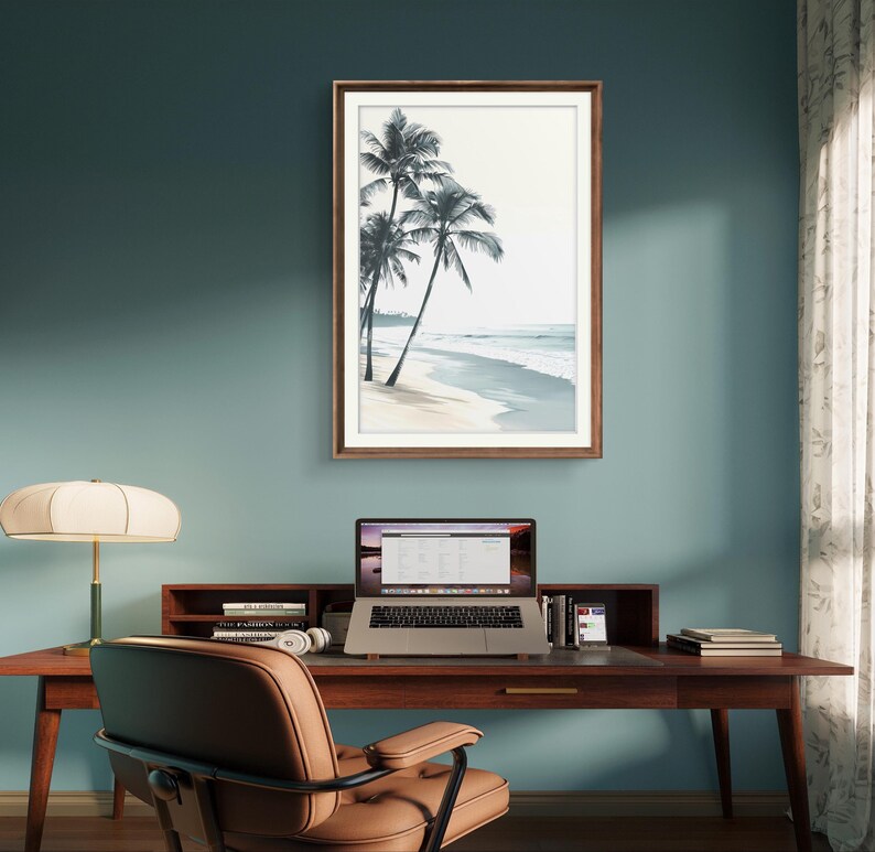Caribbean Beach Poster, Palm Tree Wall Decor, Neutral Beach Print, Grey