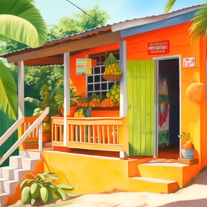 Art for Caribbean House Print Colorful House Painting Caribbean Island Art Caribbean House Painting Caribbean Print Gift for Jamaican Orange