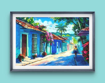 Stampa artistica di Caribbean Village Lane, scena di strada tropicale colorata con donna che cammina / decorazione murale afro-caraibica