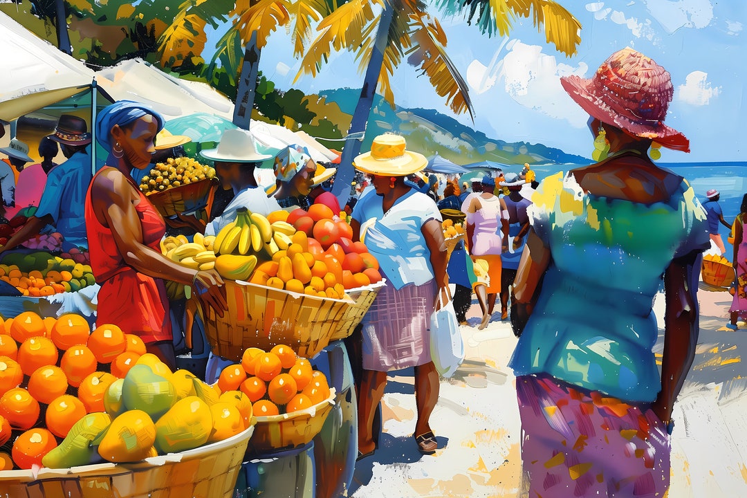 Colorful Caribbean Market Coastal Print - Island Marketplace Art ...