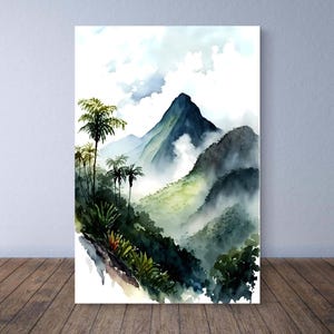 Painting of Morne Diablotin Dominica with steam and tropical vegetation, Caribbean gift for Dominican, West Indian art from Dominica Poster