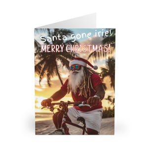 Lot de 5 cartes de Noël rasta Père Noël rasta à vélo, cartes tropicales, cartes de voeux de Noël des Caraïbes Santa Gone Irie, joyeux Noël