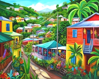 Caribbean Village Road Print in Bright Colours Caribbean Art Gift Idea of Grenada Dominica St Lucia or Jamaica Unframed