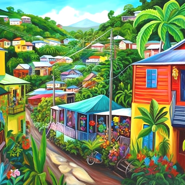 Caribbean Village Road Print in Bright Colours Caribbean Art Gift Idea of Grenada Dominica St Lucia or Jamaica Unframed