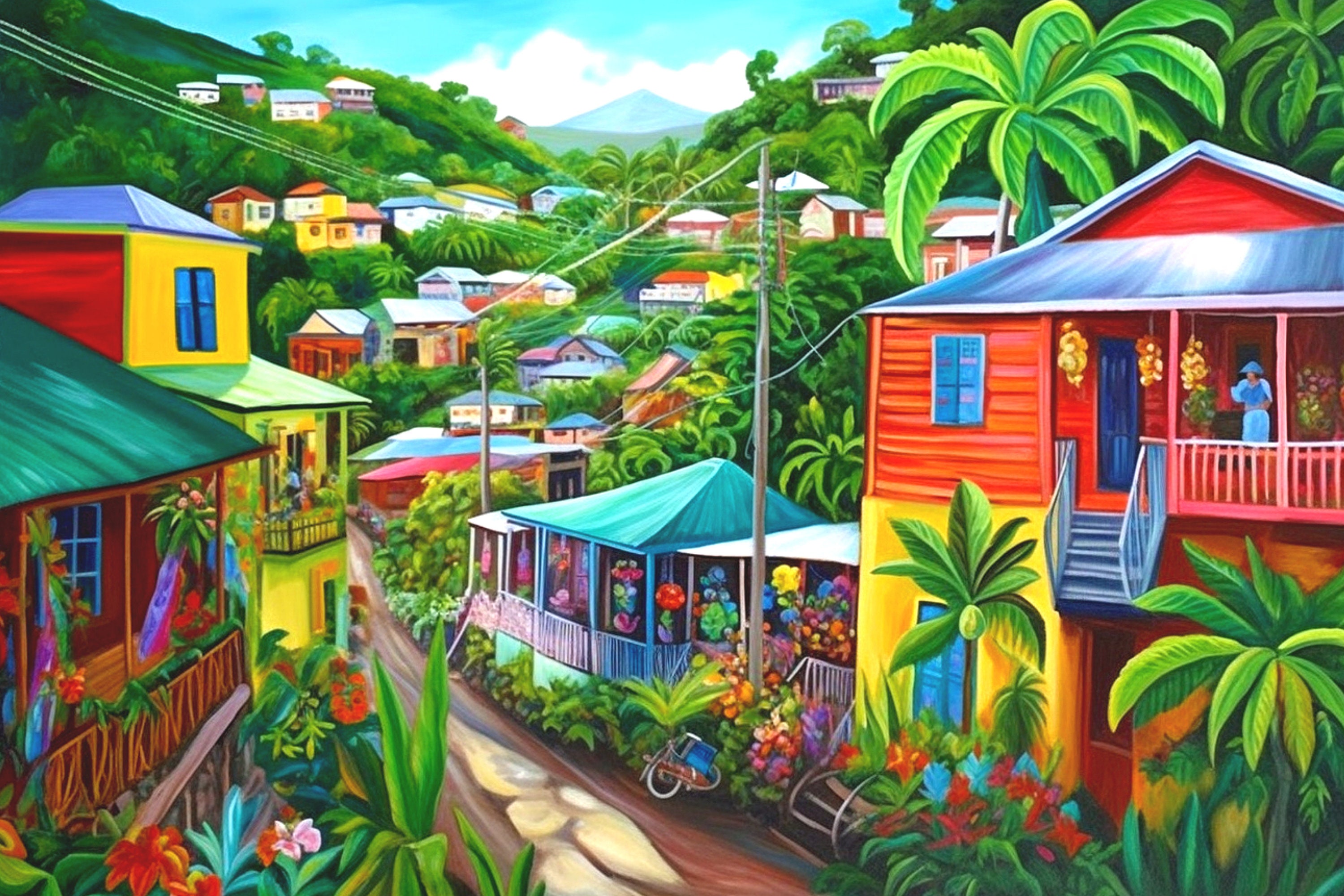 Caribbean Village Road Print in Bright Colours Caribbean Art Gift
