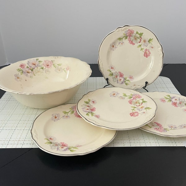 Homer Laughlin Virginia Rose Pattern Set of 4 dessert/bread Plates and Serving Bowl