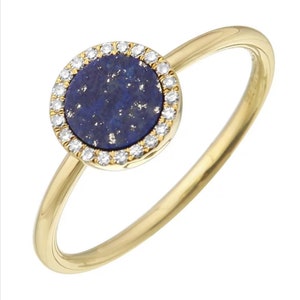 14k Yellow Gold Gemstone Circle Ring, 14K Yellow Gold Diamond Deep Blue Lapis Ring, Lapis Ring, Solid 14K Lapis Ring, Gift for Her, Size 6.5