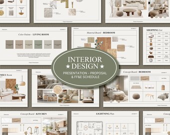 Bundle Interior Design Presentation Template  | Project Proposal | FF&E Schedule | Editable Powerpoint and Canva