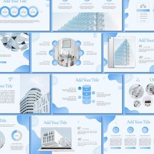 May include: A blue and white presentation template with a variety of slides featuring different layouts and graphics. The slides include text boxes, images, charts, and diagrams. The template is designed to be used for business presentations, marketing materials, and other professional purposes.