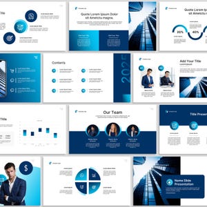May include: A collection of blue and white presentation slides with various layouts. The slides include charts, graphs, and text boxes for titles and content. Some slides feature images of buildings and people. The overall theme is business and corporate.