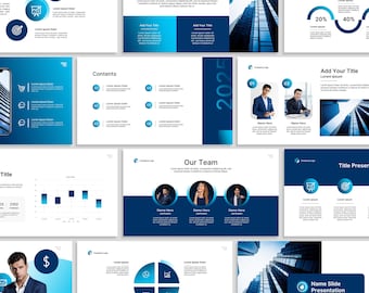 May include: A collection of blue and white presentation slides with various layouts. The slides include charts, graphs, and text boxes for titles and content. Some slides feature images of buildings and people. The overall theme is business and corporate.