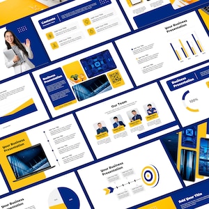 May include: A business presentation template with a blue and yellow colour scheme. The slides feature a variety of content, including text, images, charts, and graphs. The template is designed to be used for a variety of business presentations.