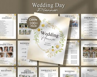 May include: A wedding planner with a floral design featuring white daisies and green leaves. The planner has a gold border and the text "Wedding Planner" and "10.3.2025 NEW CASTLE".