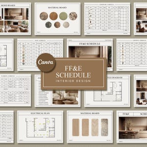 May include: A set of interior design planning documents with a neutral color scheme. The documents include a mood board, material board, FF&E schedule, flooring schedule, paint schedule, hardware schedule, lighting schedule, tile diagram, and electrical plan. The documents are labeled with the text "FF&E Schedule Interior Design".