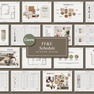 May include: A set of interior design planning documents with a mood board, floor plan, material board, and schedules for paint, flooring, hardware, and countertops. The mood board features a variety of natural materials, including wood, stone, and textiles. The documents are organized in a grid format and are labeled with clear headings.