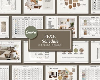 May include: A set of interior design planning documents with a mood board, floor plan, material board, and schedules for paint, flooring, hardware, and countertops. The mood board features a variety of natural materials, including wood, stone, and textiles. The documents are organized in a grid format and are labeled with clear headings.
