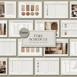 May include: A set of interior design planning documents with a neutral color scheme. The documents include a floor plan, tile schedule, lighting schedule, appliance schedule, paint schedule, and material board. The documents are labeled with the text "FF&E Schedule Interior Design".