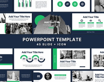 May include: A PowerPoint template with a dark blue background and green accents. The template includes a variety of slides with different layouts and designs, including charts, graphs, and images. The template also includes a set of icons that can be used to enhance the presentation.