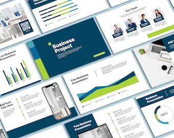 May include: A presentation template with a blue and green color scheme. The template includes a variety of charts, graphs, and images. The text on the slides includes "Your Business Presentation", "Business Project", "Our Team", and "Add Your Title Here".