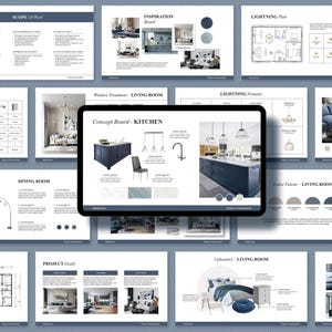 Puede incluir: Un tablero de presentación con varios conceptos de diseño de interiores. El enfoque central es una tableta que muestra un tablero conceptual de cocina con una isla azul marino, luces colgantes y un grifo. Las diapositivas circundantes muestran diseños de sala de estar y comedor.