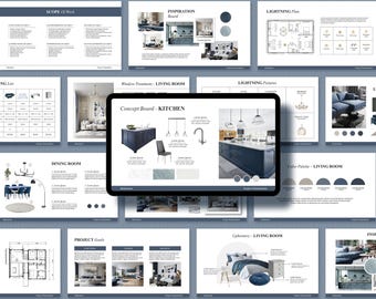 May include: A presentation board with various interior design concepts. The central focus is a tablet displaying a kitchen concept board with a navy blue island, pendant lights, and a faucet. Surrounding slides showcase living room and dining room designs.