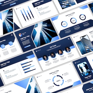 Könnte beinhalten: Eine blaue und weiße Präsentationsvorlage mit einem Stadtbild im Hintergrund. Die Vorlage enthält Diagramme, Grafiken und Textfelder zur Präsentation von Geschäftsinformationen. Der Text "Fügen Sie Ihren Titel hinzu" erscheint auf mehreren Folien.